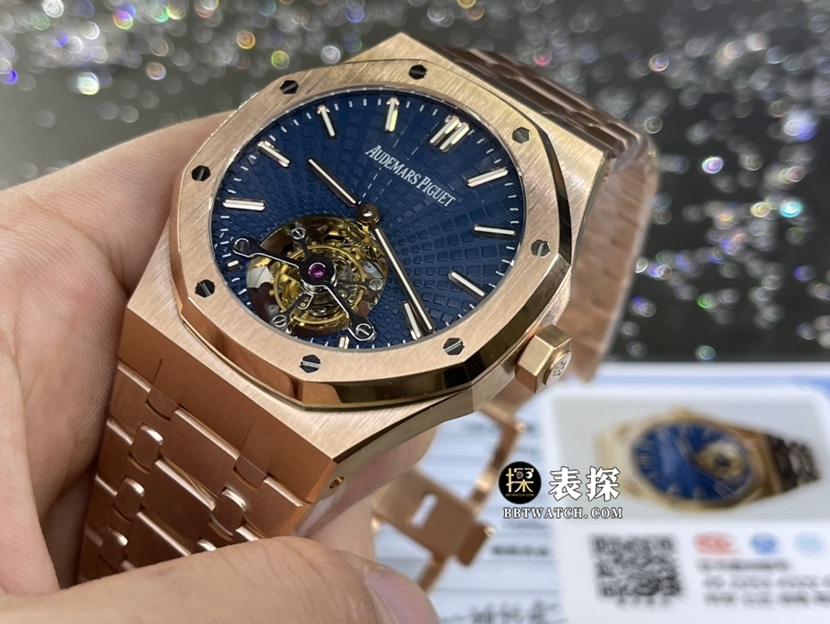 爱彼皇家橡树真金真钻定制超A高仿手表男士蓝盘陀飞轮钢带款正面实拍图