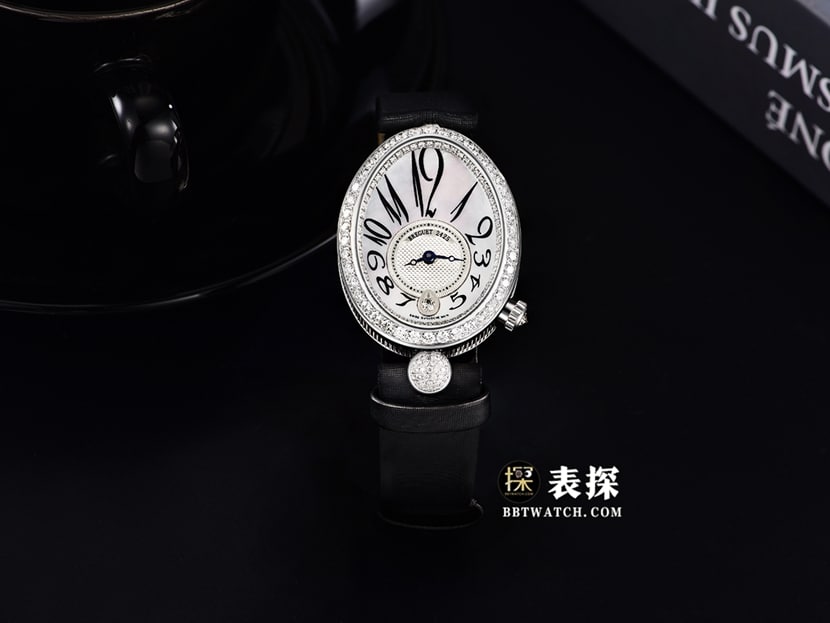 宝玑那不勒斯王后真金真钻定制顶级一比一精仿手表女士银白色天然贝母盘镶钻皮带款正面实拍图