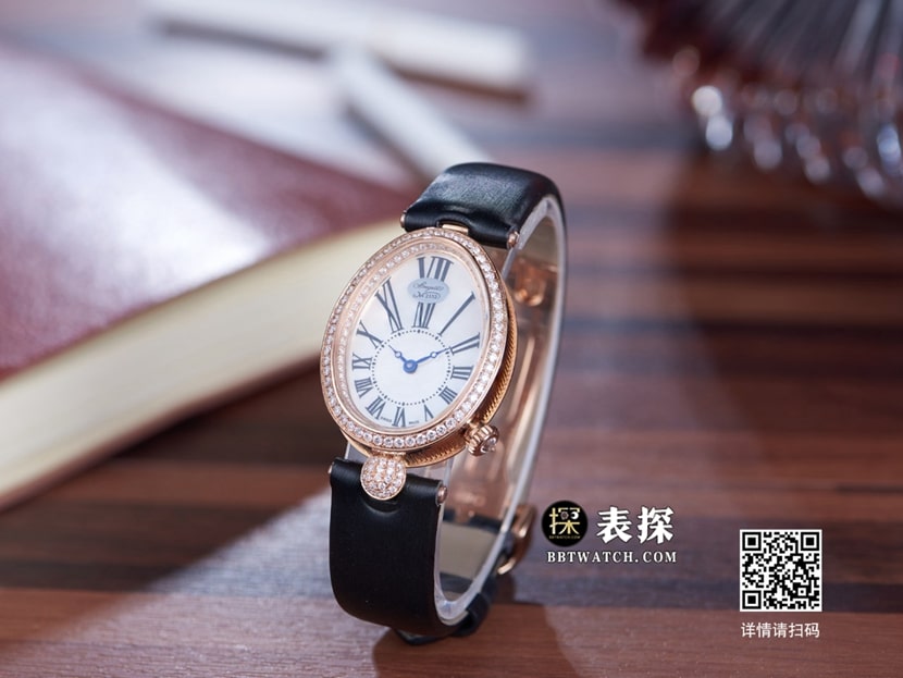 宝玑那不勒斯王后真金真钻定制顶级一比一高仿手表女士银白珍珠母贝盘玫瑰金镶钻皮带款正面实拍图