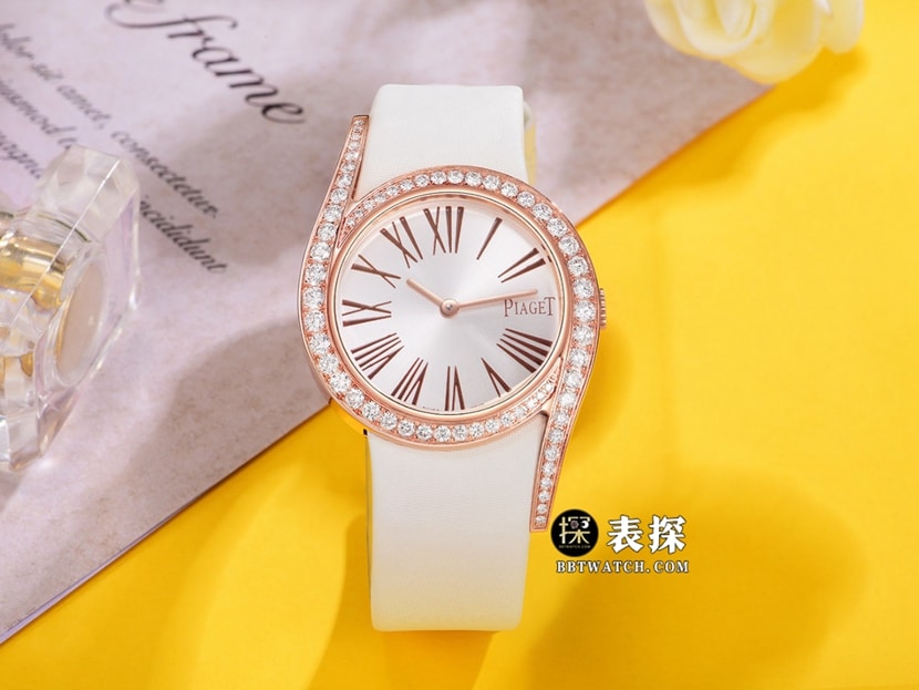 伯爵真金真钻定制一比一超A精仿手表女士银盘玫瑰金镶钻皮带款正面实拍图