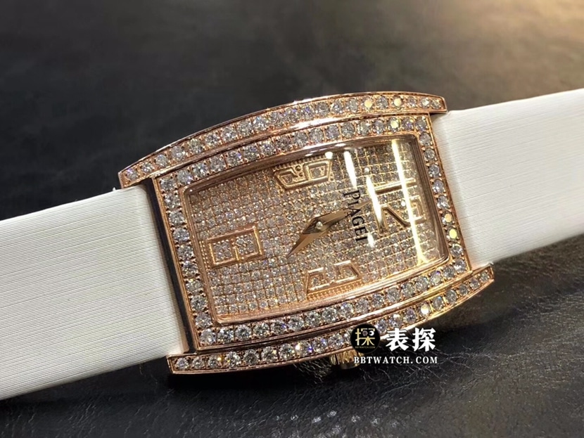 伯爵一比一超A精仿手表女士玫瑰金镶钻盘皮带款图片及价格正面实拍图