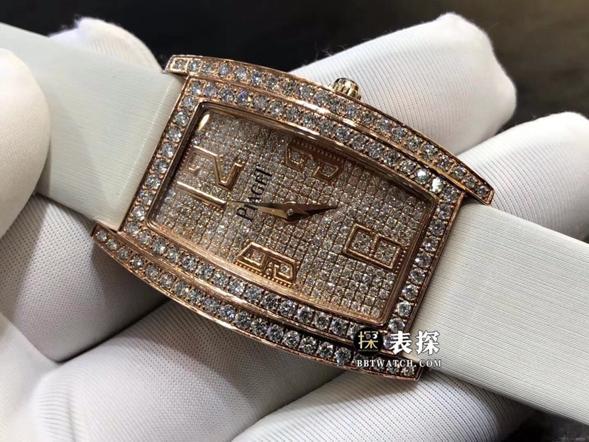 伯爵一比一超A精仿手表女士玫瑰金镶钻盘皮带款图片及价格正面实拍图