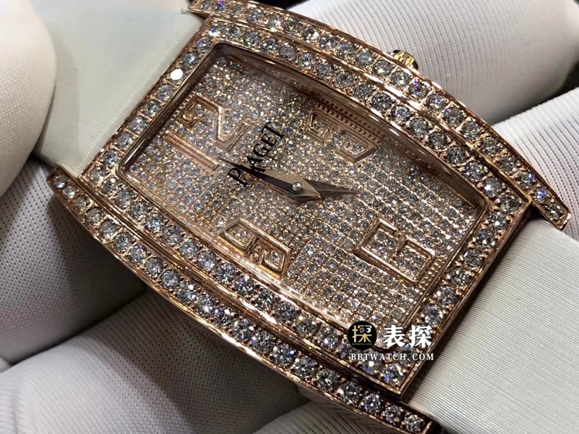 伯爵一比一超A精仿手表女士玫瑰金镶钻盘皮带款图片及价格正面实拍图