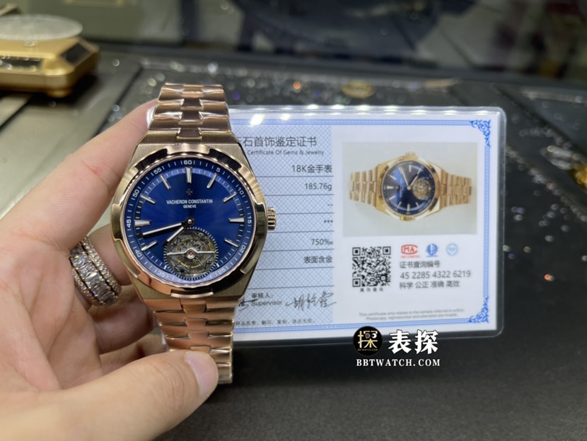 江诗丹顿纵横四海真金真钻定制顶级一比一精仿手表男士蓝盘陀飞轮钢带款整体实拍图