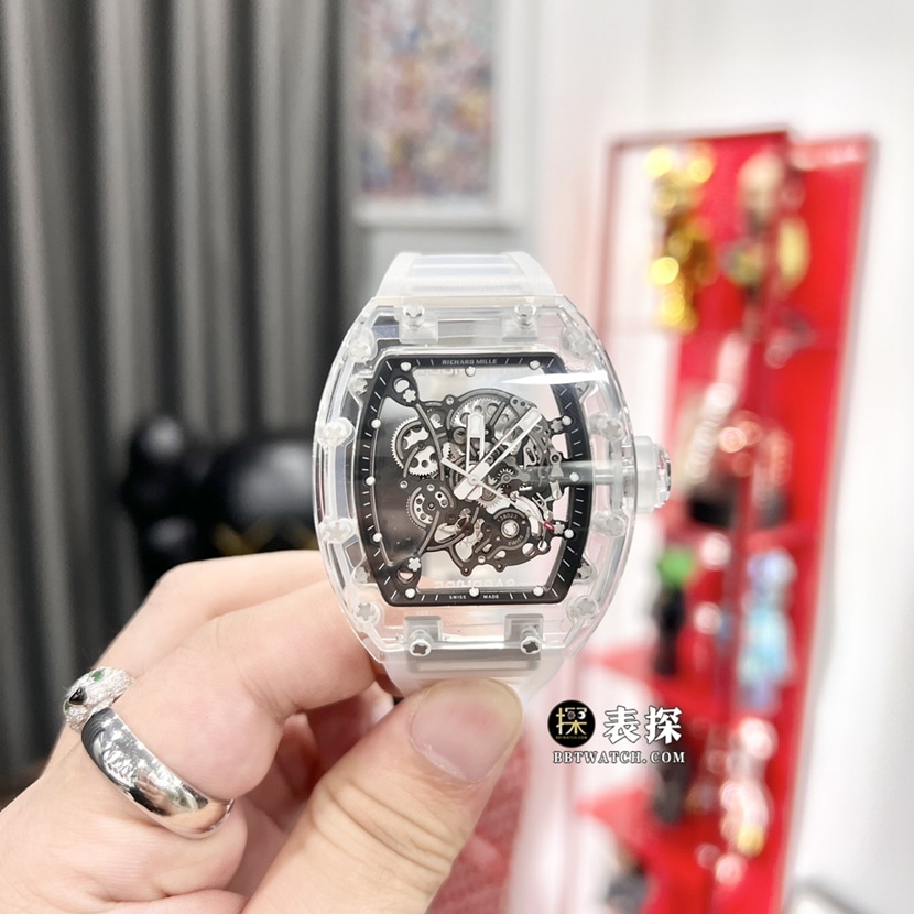里查德米尔RM055真金真钻定制顶级一比一高仿手表男士蓝宝石水晶橡胶款正面实拍图