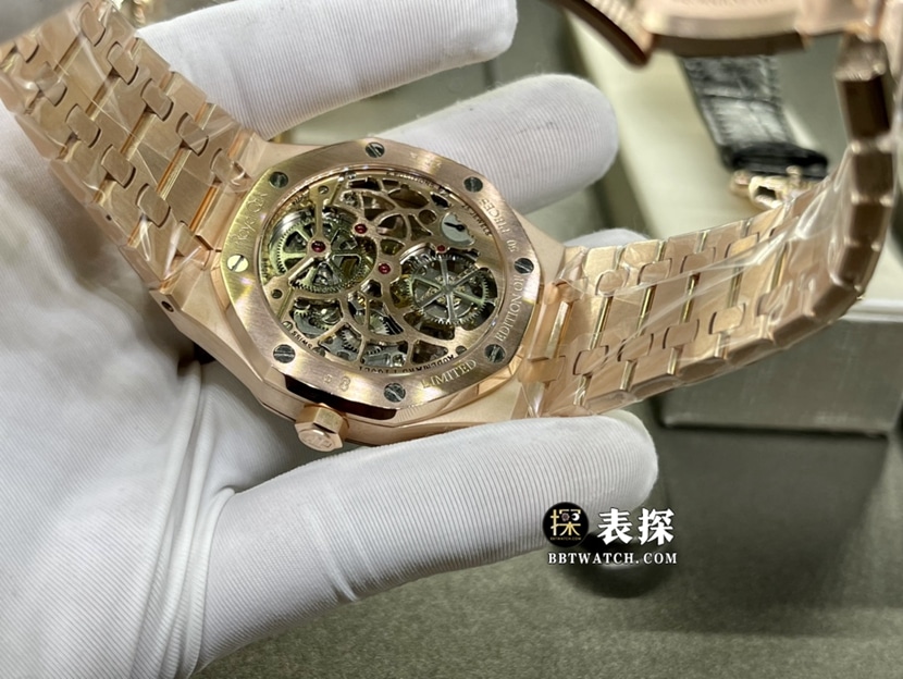爱彼皇家橡树真金真钻定制顶级一比一高仿手表男士深灰镂空盘陀飞轮钢带款背面实拍图