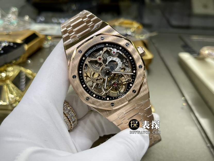 爱彼皇家橡树真金真钻定制顶级一比一高仿手表男士深灰镂空盘陀飞轮钢带款正面实拍图