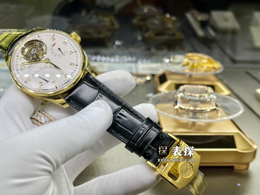 IWC万国表葡萄牙真金真钻定制顶级复刻手表男士银盘陀飞轮皮带款表带实拍图