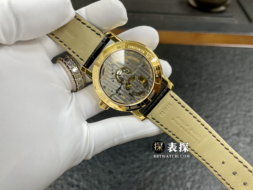 江诗丹顿传袭真金真钻定制一比一超A精仿手表男士乳光银盘陀飞轮皮带款背面实拍图