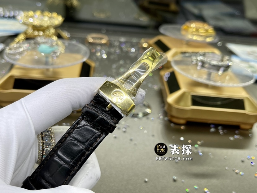 宝玑经典复杂真金真钻定制超A高仿手表男士银灰盘陀飞轮皮带款表扣实拍图