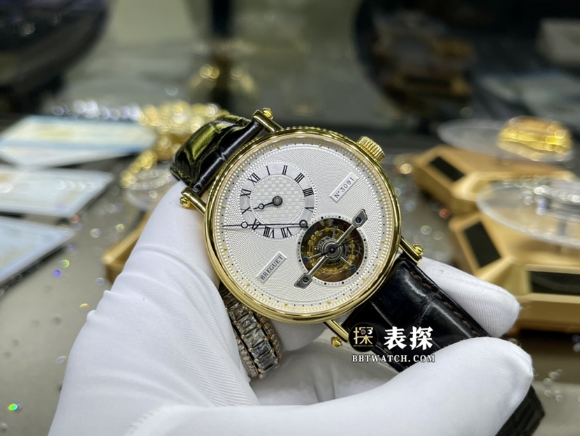 宝玑经典复杂真金真钻定制超A高仿手表男士银灰盘陀飞轮皮带款正面实拍图
