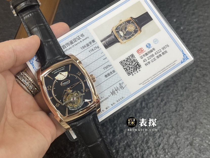 帕玛强尼真金真钻定制一比一顶级复刻手表男士黑盘酒桶型陀飞轮皮带款正面实拍图