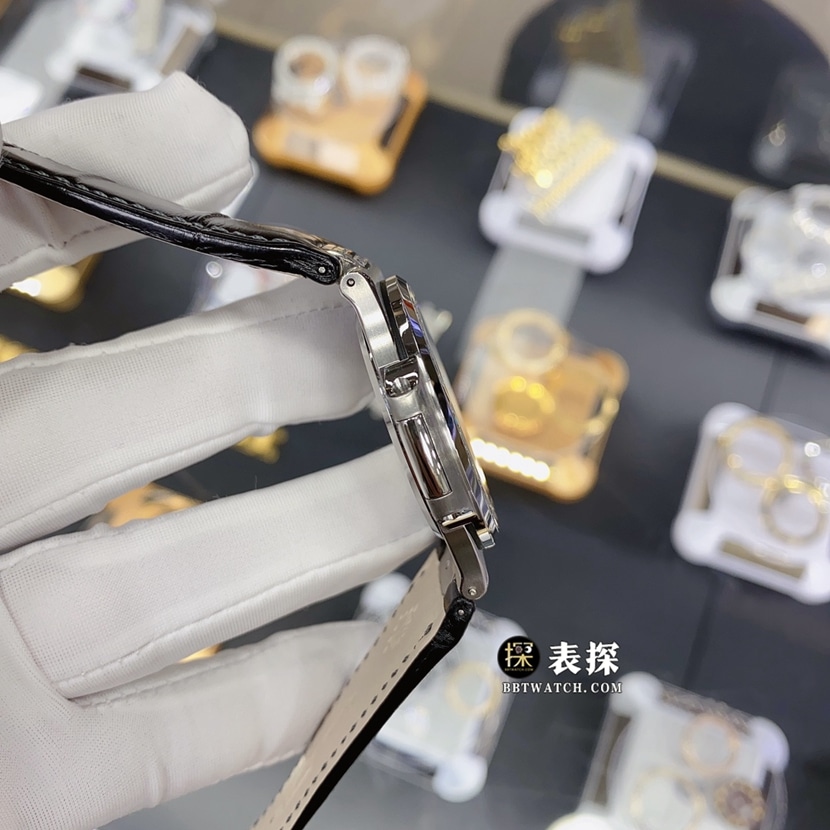 3k厂百达翡丽运动优雅真金真钻定制顶级复刻手表男士灰盘镶钻皮带款侧面实拍图