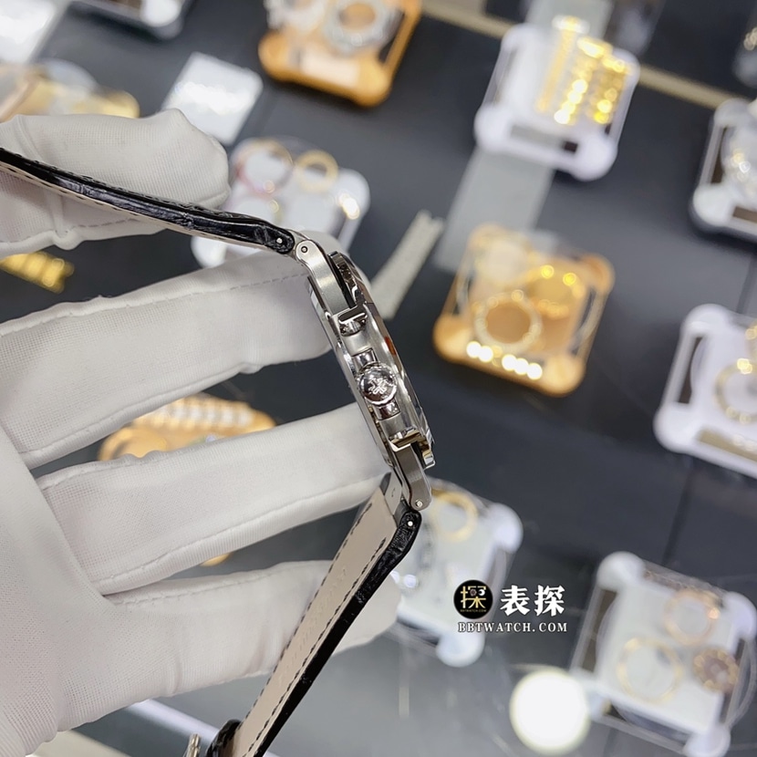 3k厂百达翡丽运动优雅真金真钻定制顶级复刻手表男士灰盘镶钻皮带款侧面实拍图