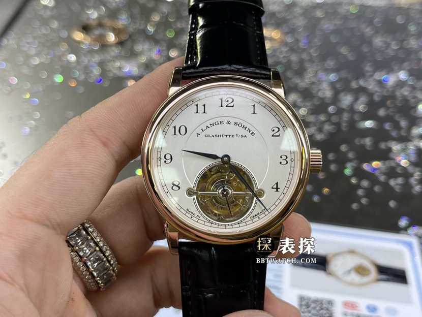 朗格1815真金真钻定制顶级一比一高仿手表男士银白盘陀飞轮皮带款正面实拍图