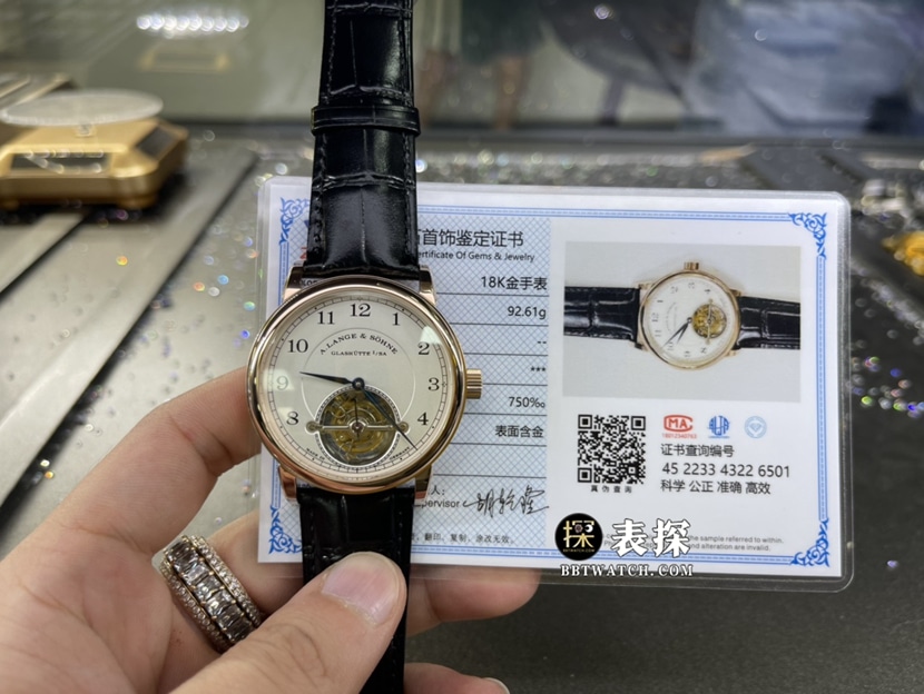 朗格1815真金真钻定制顶级一比一高仿手表男士银白盘陀飞轮皮带款正面实拍图