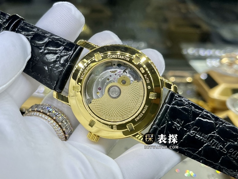 江诗丹顿传袭真金真钻定制一比一顶级复刻手表男士银盘镶钻皮带款背面实拍图