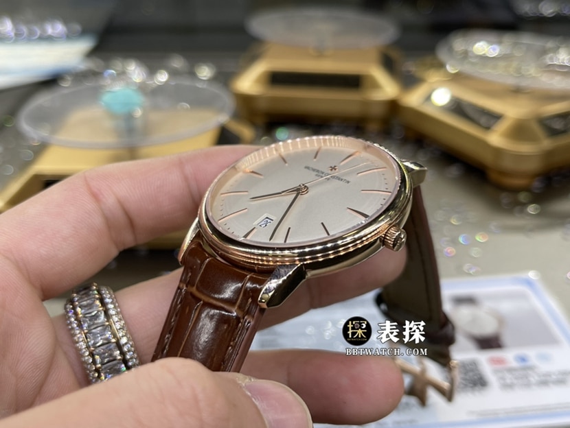 江诗丹顿传承真金真钻定制顶级一比一精仿手表男士银白盘皮带款侧面实拍图