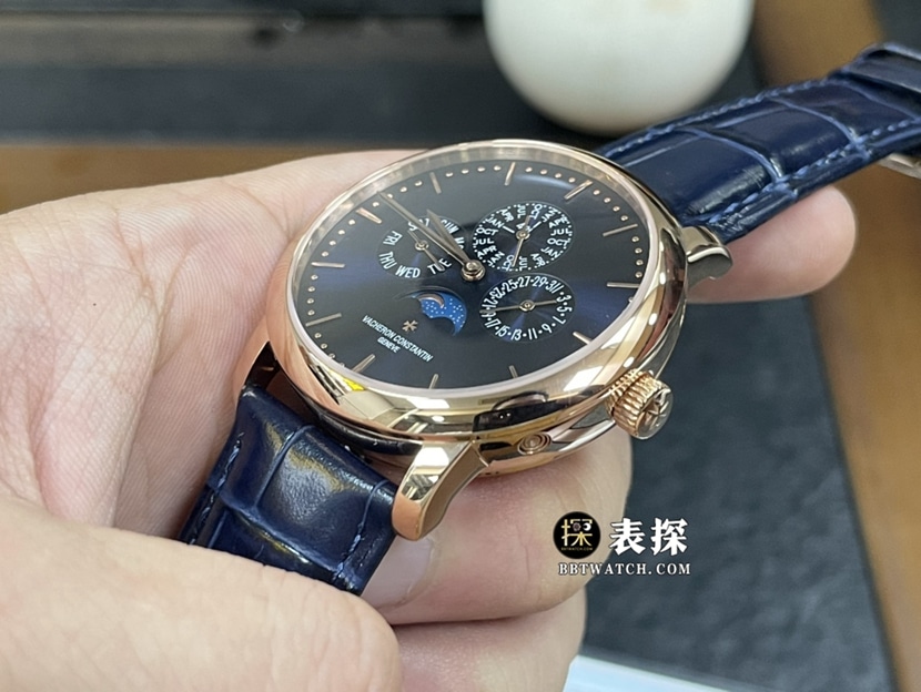 江诗丹顿传承真金真钻定制顶级复刻手表男士深蓝色熊猫盘万年历皮带款侧面实拍图