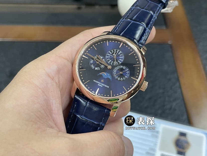 江诗丹顿传承真金真钻定制顶级复刻手表男士深蓝色熊猫盘万年历皮带款正面实拍图