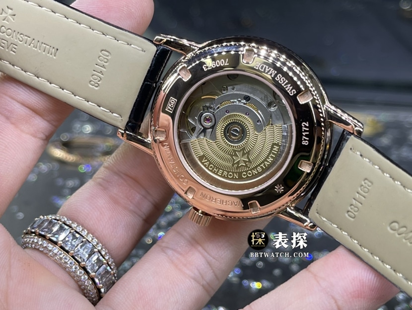 江诗丹顿传承真金真钻定制一比一超A高仿手表男士银白盘镶钻时标皮带款背面实拍图