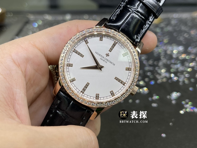 江诗丹顿传承真金真钻定制一比一超A高仿手表男士银白盘镶钻时标皮带款正面实拍图