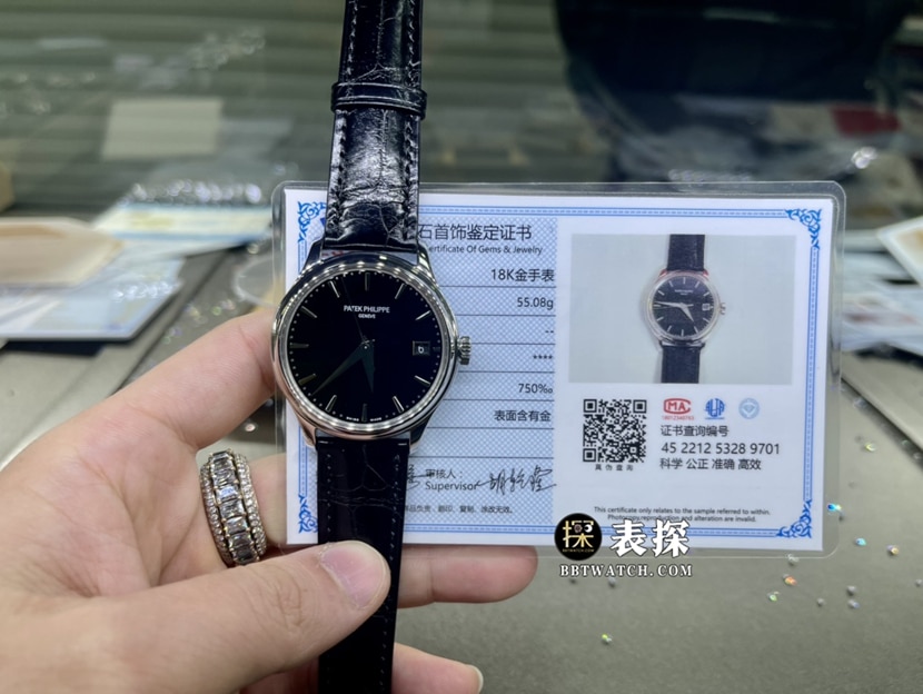 百达翡丽古典表真金真钻定制超A高仿手表男士黑盘皮带款整体实拍图