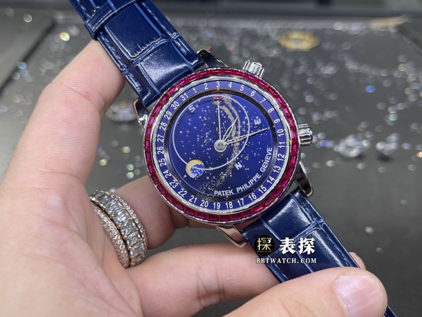 百达翡丽超级复杂功能时计真金真钻定制顶级一比一高仿手表男士星空盘镶钻皮带款正面实拍图