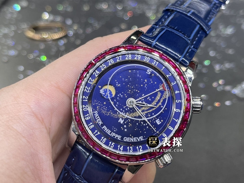 百达翡丽超级复杂功能时计真金真钻定制顶级一比一高仿手表男士星空盘镶钻皮带款正面实拍图
