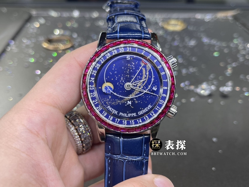 百达翡丽超级复杂功能时计真金真钻定制顶级一比一高仿手表男士星空盘镶钻皮带款正面实拍图