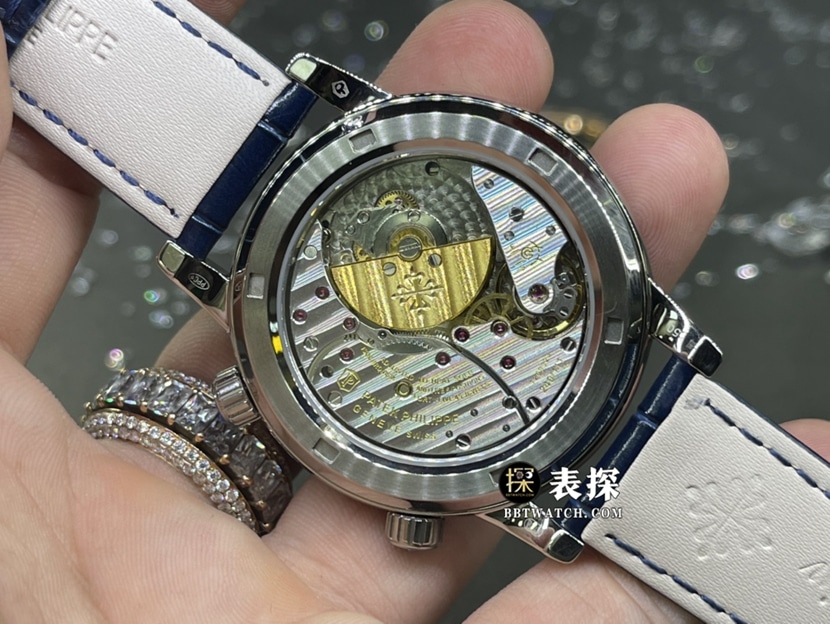 百达翡丽超级复杂功能时计真金真钻定制顶级一比一高仿手表男士星空盘镶钻皮带款背面实拍图