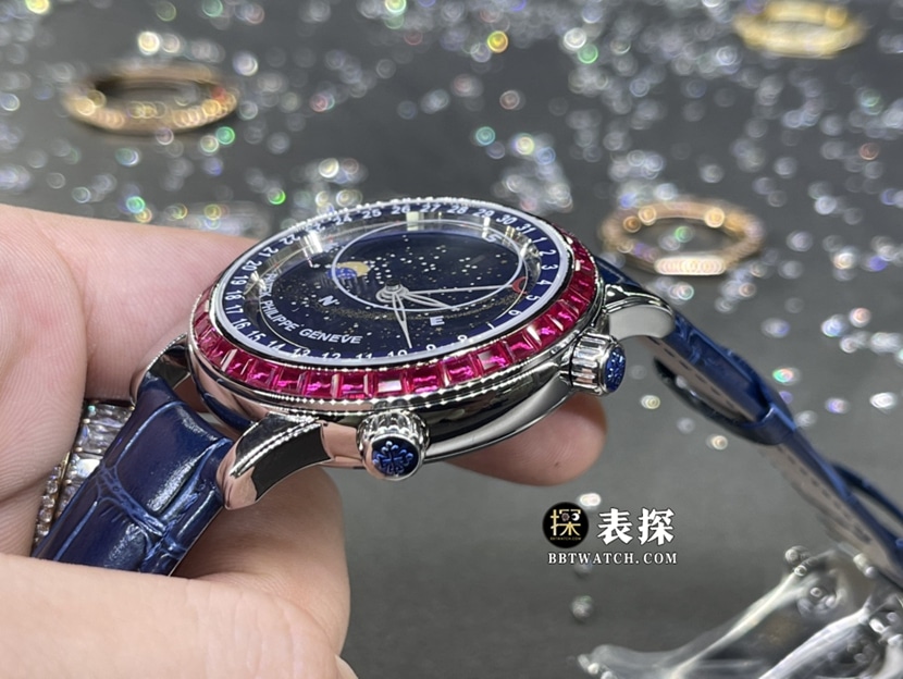 百达翡丽超级复杂功能时计真金真钻定制顶级一比一高仿手表男士星空盘镶钻皮带款侧面实拍图