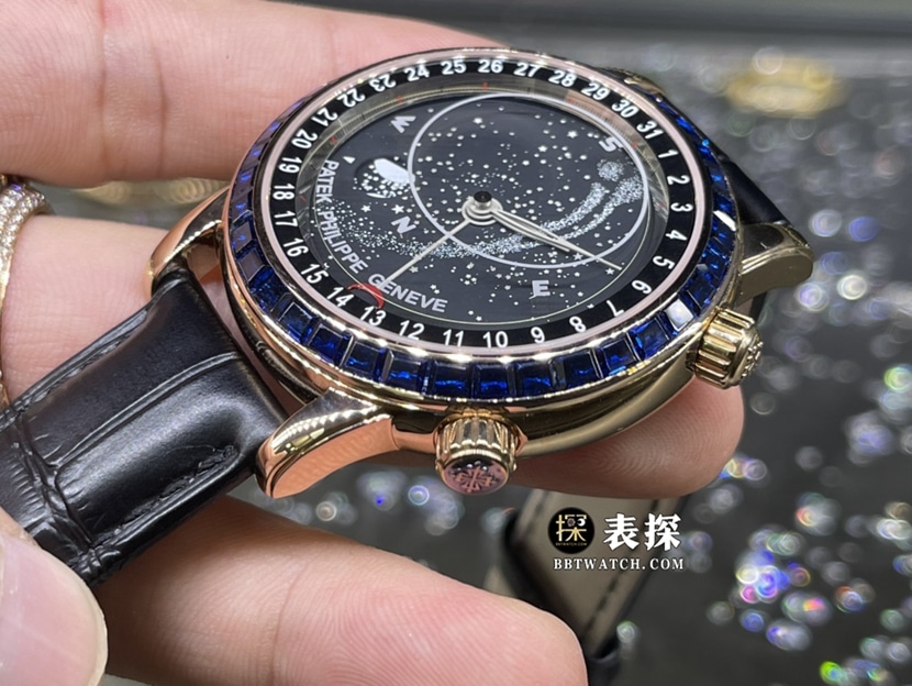 百达翡丽超级复杂功能时计真金真钻定制顶级一比一精仿手表男士星空盘蓝钻石皮带款侧面实拍图