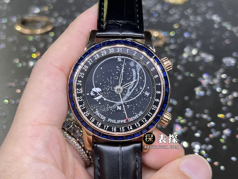 百达翡丽超级复杂功能时计真金真钻定制顶级一比一精仿手表男士星空盘蓝钻石皮带款正面实拍图