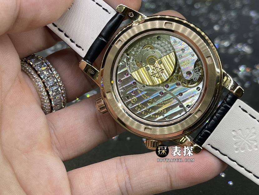百达翡丽超级复杂功能时计真金真钻定制顶级一比一精仿手表男士星空盘蓝钻石皮带款背面实拍图
