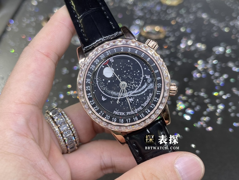 百达翡丽超级复杂功能时计真金真钻定制顶级一比一高仿手表男士星空盘镶钻皮带款正面实拍图