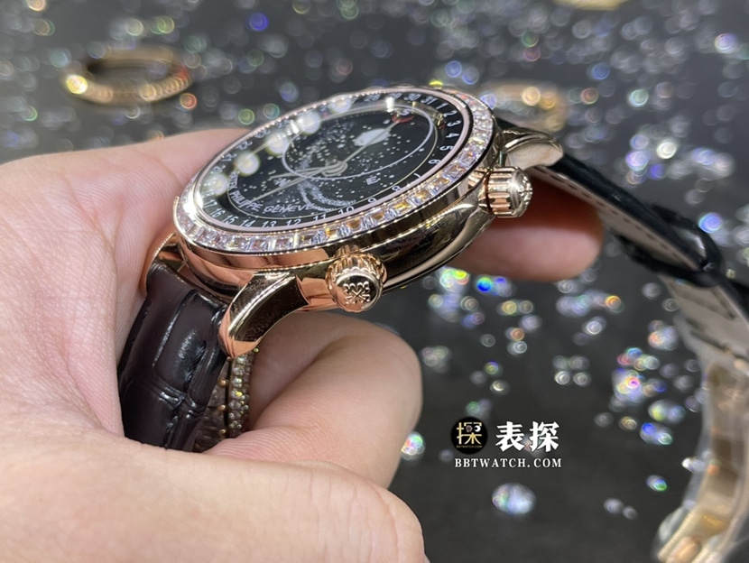 百达翡丽超级复杂功能时计真金真钻定制顶级一比一高仿手表男士星空盘镶钻皮带款侧面实拍图