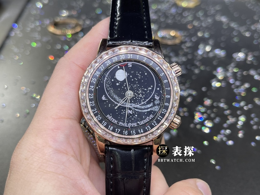 百达翡丽超级复杂功能时计真金真钻定制顶级一比一高仿手表男士星空盘镶钻皮带款正面实拍图