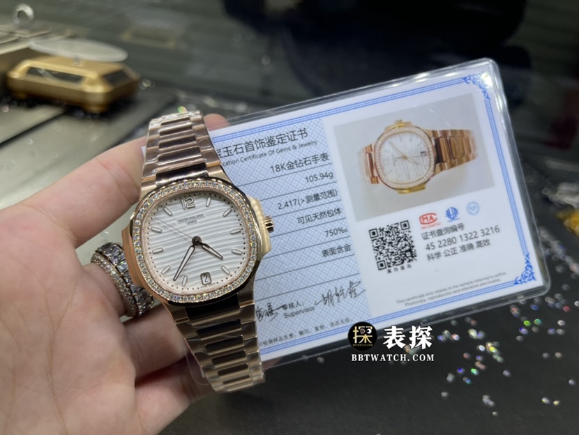 3K厂百达翡丽运动优雅真金真钻定制一比一超A高仿手表女士银盘镶钻钢带款整体实拍图
