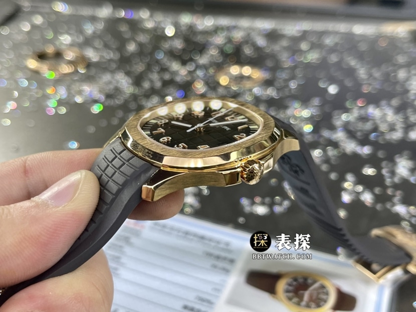 3K厂百达翡丽真金真钻定制一比一超A精仿手表男士深棕盘橡胶款侧面实拍图