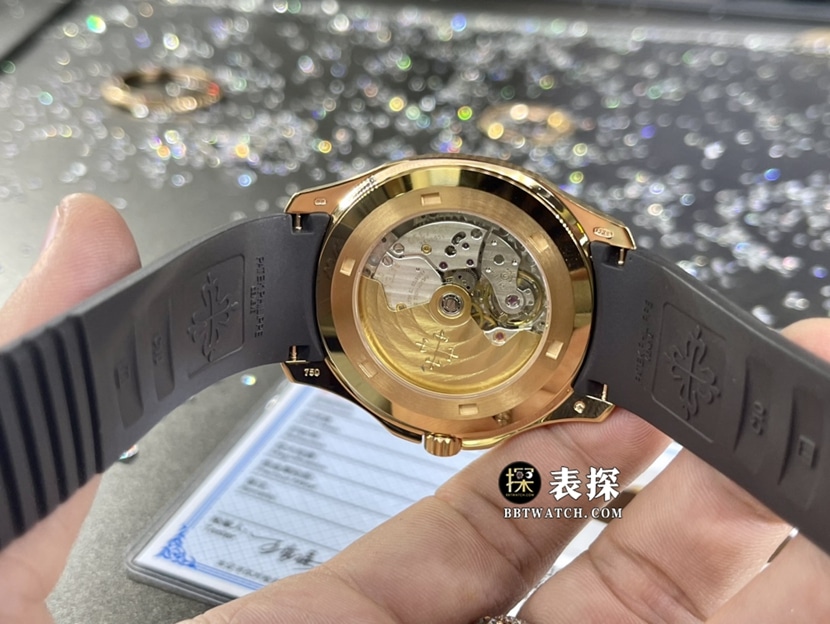 3K厂百达翡丽真金真钻定制一比一超A精仿手表男士深棕盘橡胶款背面实拍图