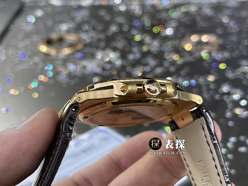 百达翡丽运动优雅真金真钻定制超A高仿手表男士深灰盘钢带款侧面实拍图