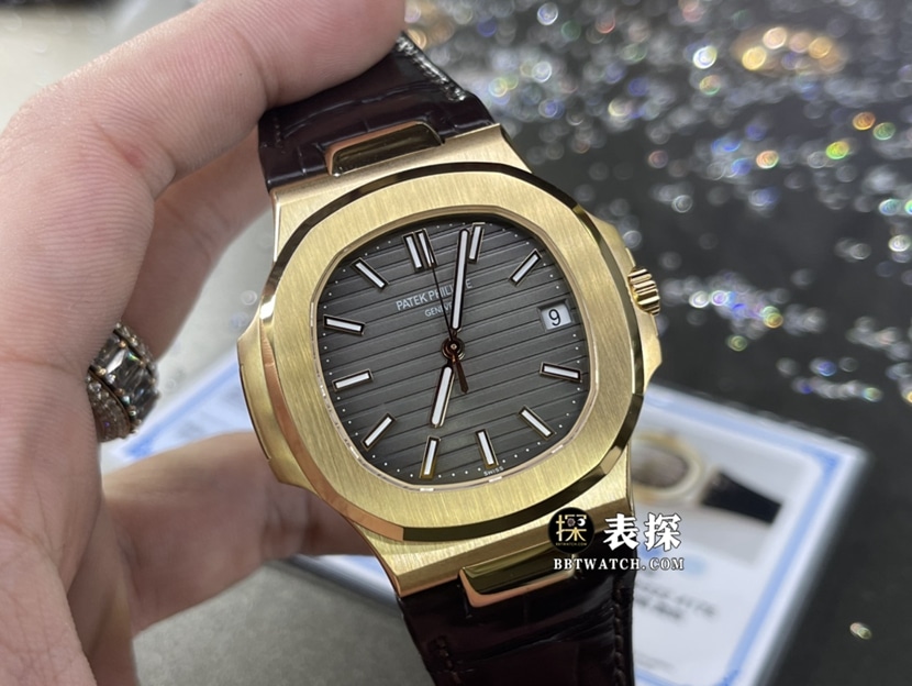 百达翡丽运动优雅真金真钻定制超A高仿手表男士深灰盘钢带款正面实拍图