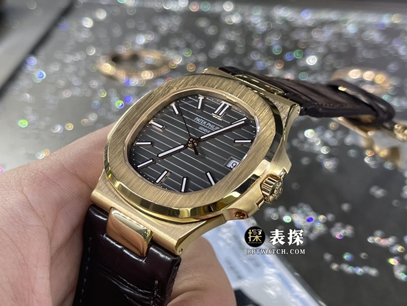 百达翡丽运动优雅真金真钻定制超A高仿手表男士深灰盘钢带款侧面实拍图