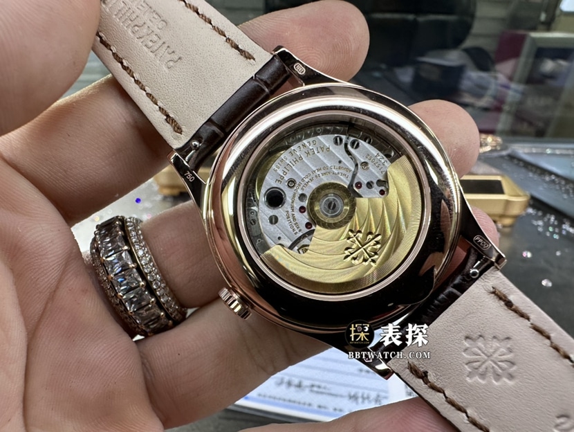 百达翡丽复杂功能时计真金真钻定制一比一超A高仿手表男士乳白盘月相皮带款背面实拍图