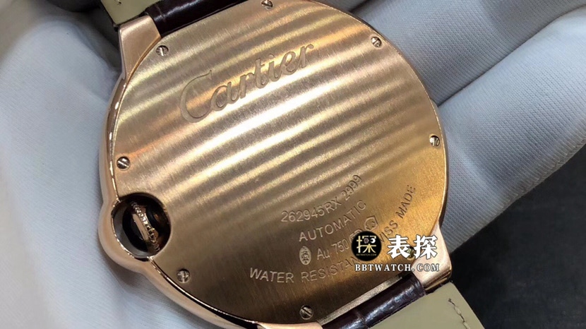 卡地亚蓝气球一比一超A精仿手表男士银灰盘玫瑰金镶钻皮带款图片及价格背面实拍图