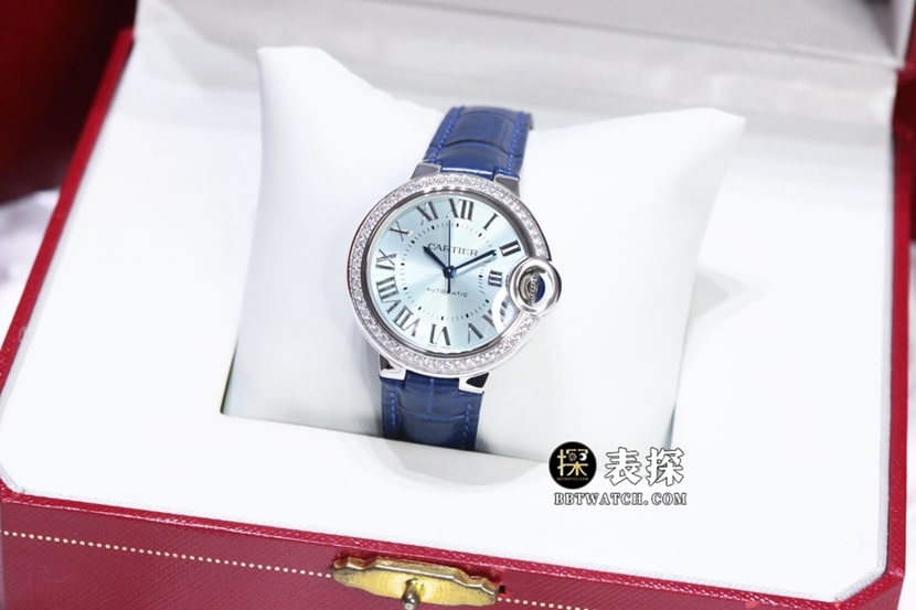 GTG厂卡地亚蓝气球顶级复刻手表女士蓝盘镶钻皮带款图片及价格正面实拍图