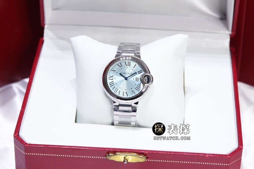 GTG卡地亚蓝气球一比一超A高仿手表女士浅蓝盘钢带款图片及价格正面实拍图