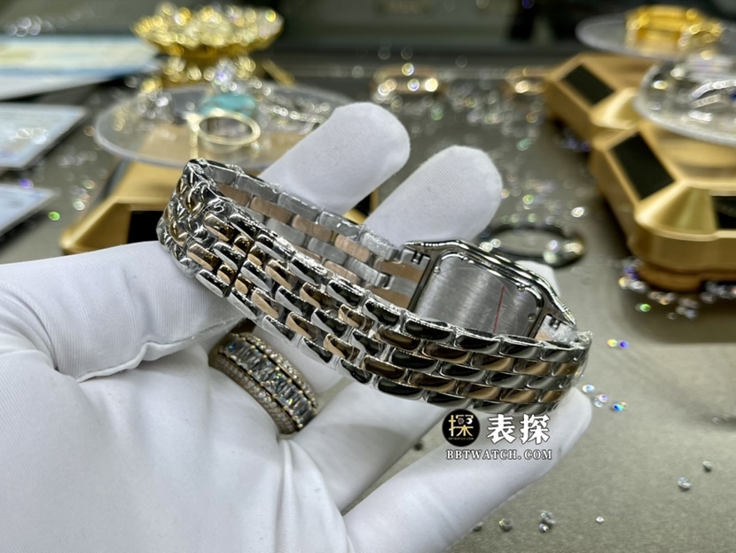 卡地亚真金真钻定制一比一超A精仿手表女士白盘镶钻间金钢带款表带实拍图
