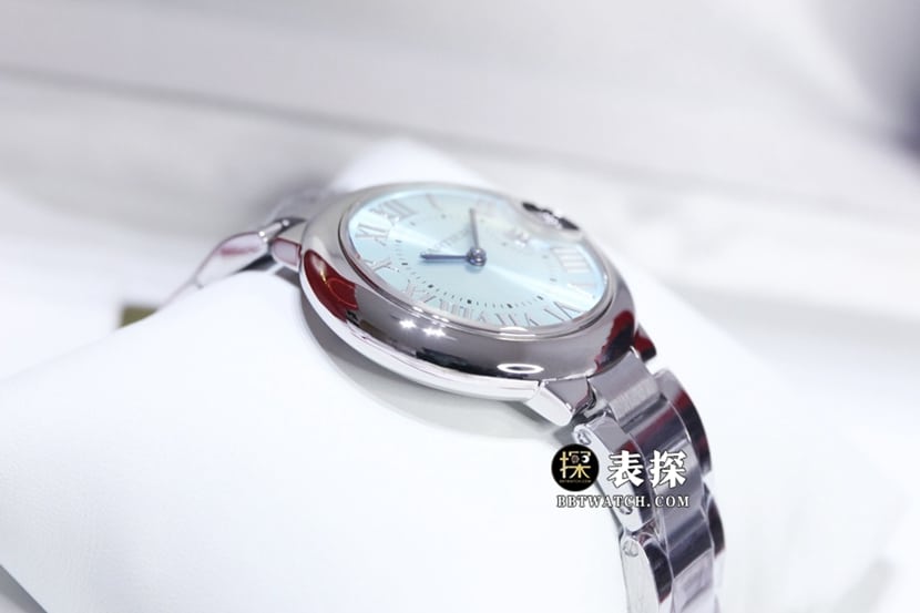 GTG卡地亚蓝气球一比一超A高仿手表女士浅蓝盘钢带款图片及价格侧面实拍图